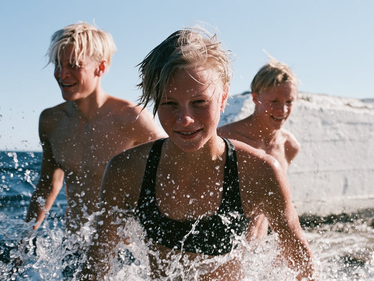 Three swimmers in the sea in hard midday sun.